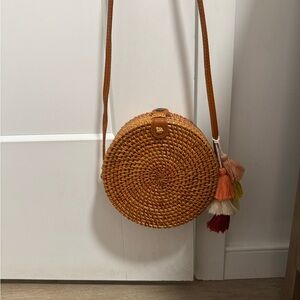 Round Woven Tan Crossbody Bag